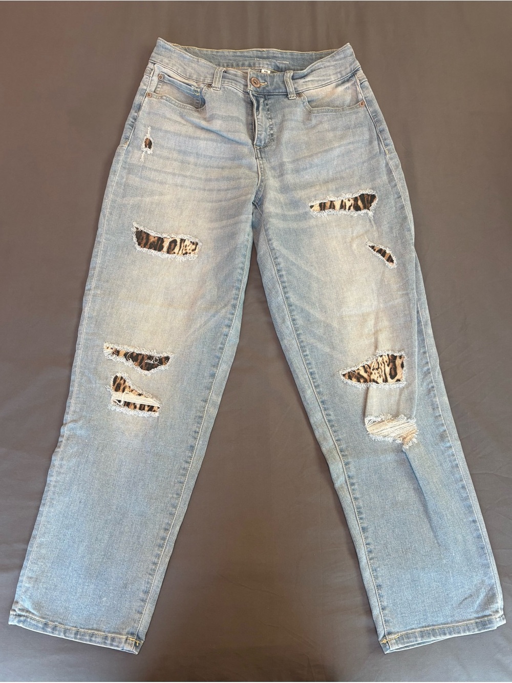 INC Denim Light Blue Distressed Women's Boyfriend Jeans with Leopard Detail 6